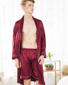 Pyjama et pantalon de nuit en satin vert pour homme, en polyester/coton tricoté, couleur unie, doux pour l'hiver, vêtement d'intérieur estival, col en soie glacée - Product Image 3