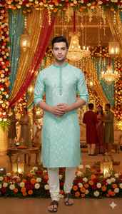 Collection de vêtements ethniques haut de gamme en soie jacquard lourde avec broderies complexes pour hommes – Kurtis traditionnels de mariage sans plis - Product Image 6