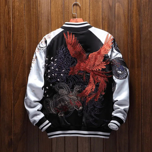 เสื้อแจ็คเก็ตบอมเบอร์สุดหรูสำหรับผู้ชาย รุ่นซูกะจัง ของที่ระลึก แฟชั่นสั่งทำพิเศษ ลายฟีนิกซ์สี่ตัวในตำนาน ผ้าแคนวาสแบบกลับด้านได้ กันน้ำ เป็นมิตรกับสิ่งแวดล้อม - Product Image 5