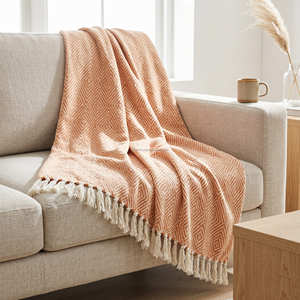Natural Cotton Woven Throw <b>Blanket</b> with Fine Ribbed Texture and Fringe for Sofa Bed and Minimalist Interior Collections - Product Image 3