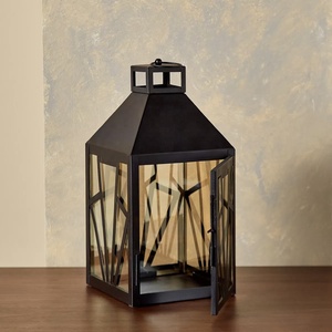 Elegant Designer Golden Brown Glass Black Metal <b>Candle</b> <b>Holder</b> <b>Lantern</b> for Ramadan Home Decorations - Product Image 1