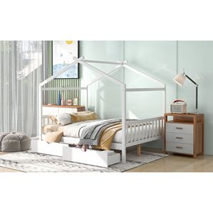 Letto a piattaforma matrimoniale bianco con testiera e pediera a due cassetti, design unico a tetto per bambini - Product Image 3