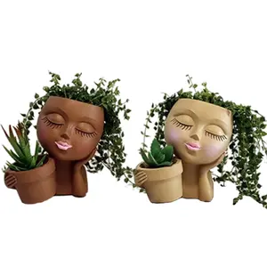 OEM Head Black Lady Face Planter Flower Pot Unique Pots for Indoor Outdoor Plants Head Plant Pots with Drainage Hole