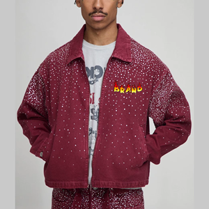 Men's Maroon <b>Denim</b> <b>Jacket</b> Dot <b>Sequined</b> Print Casual Turn-down Collar Zipper Front Loose Fit Autumn Wear - Product Image 4