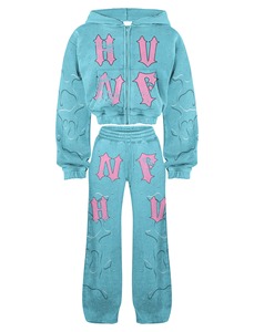 Multi Design Cropped <b>Zip</b> <b>Up</b> Hoodie & Pants Set | Streetwear Tracksuit Collection | Oversized Graphic Two Piece Set - Product Image 6
