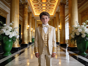 Traje de esmoquin bordado marrón dorado para niños con chaleco - Conjunto de ropa formal para bodas y fiestas infantiles - Product Image 4