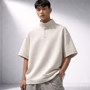 เสื้อโปโลผู้ชายทรงโอเวอร์ไซส์ คอสูง แขนสั้น สไตล์ลำลอง สตรีทแวร์ ผ้าฝ้าย รับสกรีนโลโก้ - Product Image 1
