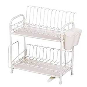 2 Tier Countertop White Metal <b>Dish</b> Drying <b>Rack</b> Kitchen Organizer With Cutlery Holder And Removable <b>Drain</b> Tray - Product Image 5