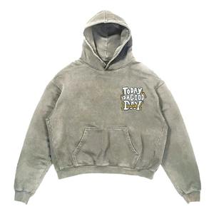 Sudadera con Capucha Gris de 500 Gsm, Estilo Vintage, Personalizada, de Doble Capa, con Efecto Desgastado por el Sol, Lavada al Ácido y con Rasgaduras, para Streetwear - Product Image 4