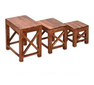 Solid Wood Nesting <b>Table</b> <b>Set</b> of 3 | Space Saving Nested <b>Stools</b> with X-Frame | Wholesale Living Room Furniture - Product Image 6