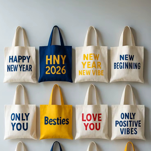 Sacs fourre-tout en toile de coton imprimés Joyeux Nouvel An 2026, avec logo personnalisé, pour cadeaux promotionnels, courses et transport sur l'épaule, articles en gros - Product Image 1