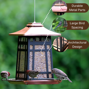 Copper Roof Black <b>Frame</b> Metal Hanging Bird Feeder Outdoor Garden Feeder With Perch For Birds - Product Image 6