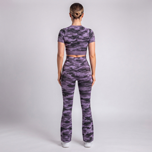 Camo Printed <b>Women</b> Crop Top Yoga Set 100% Polyester Ladies Gym Fitness Short Sleeve Top <b>Flare</b> <b>Leggings</b> 2 Piece Yoga Wear Set - Product Image 2