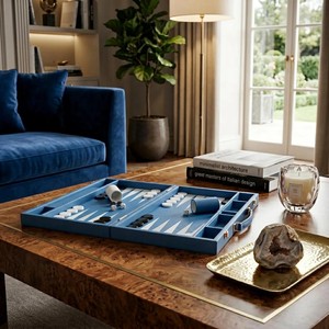 Modern Luxury Pu Leather Lychee Texture for Game Premium <b>Backgammon</b> <b>Set</b> Board Game <b>Set</b> Foldable Portable Blue with Dice - Product Image 3