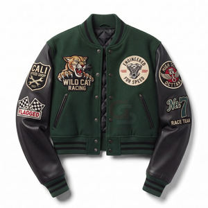 Unisex Green Varsity Jacket <b>Wool</b> Sleeves Embroidered Patch Designs Turn-down Collar Regular Fit Breathable Pullover Closure - Product Image 1
