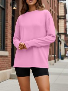 Camiseta de Moda para Mujer, Holgada, de Manga Larga, Estilo Urbano, Cuello Redondo, Lisa, con Logotipo Personalizado, Marca Privada - Product Image 3