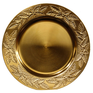Assiettes de service en métal de luxe avec feuilles de houx gaufrées dorées, finition laiton antique, pour Noël et mariages, vente en gros - Product Image 1
