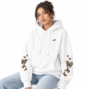 White Women's Oversized Butterfly Graphic Print Hoodies Cotton Blend <b>Back</b> Sleeve Print <b>Drop</b> Shoulder Private Label Bulk Order - Product Image 1