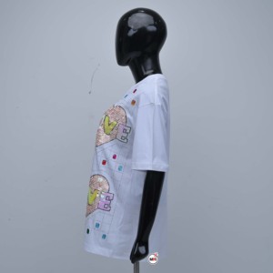 T-shirt blanc à manches courtes pour femme, imprimé cœurs à paillettes, col rond, coupe décontractée, jersey, coupe régulière, 100 % coton - Product Image 3