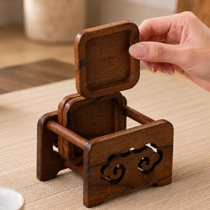 Handcrafted Teak Wood Coaster Set with Holder <b>Square</b> Rustic Drink Coasters for Coffee Cups Mugs Glasses Dining <b>Table</b> <b>Kitchen</b> - Product Image 4