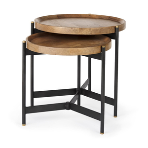 Premium Nesting Coffee <b>Table</b> Set of 2 Round Wood Center <b>Table</b> with <b>Black</b> Metal Frame Space-Saving Stacking <b>Side</b> <b>Tables</b> for Home - Product Image 2
