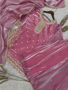 Présentation du nouveau ensemble haut, pantalon palazzo et dupatta de qualité supérieure, entièrement brodé et prêt-à-porter, disponible en gros. - Product Image 2