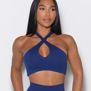 Wholesale Eco-Friendly Quick Dry Plus Size Royal Indigo Cross Halter <b>Bra</b> 4-Way Supportive <b>Stretch</b> Lace Front Keyhole Neckline - Product Image 1