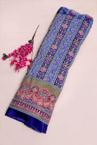 Royal Blue Floral Stripe Placement Print Fabric With Ornamental Border For Designer Kurti Dress Material Ethnic Wear Fabric - Product Image 4