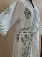 Robe Kimono en Coton Imprimée à la Main, Motif Floral Géométrique Vert, Style Jaipuri Bohème, Coupe Ample, Idéale pour Spa, Hôtel, Resort, Vente en Gros pour Adultes