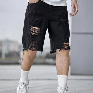 กางเกงยีนส์ขาสั้นผู้ชายคุณภาพสูง แต่งเพชร สไตล์สตรีท ลุคยีนส์ฟอกขาดๆ สำหรับผู้ชาย - Product Image 1