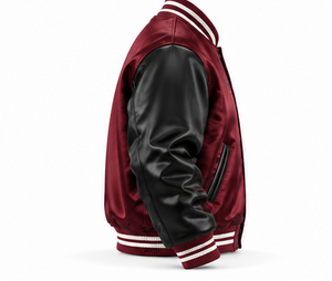 Wholesale Custom Men's Varsity Letterman <b>Jacket</b> <b>Burgundy</b> Maroon Satin Black Sleeves Striped Rib Hem and Sleeves Coat OEM - Product Image 3