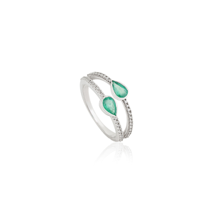 Nouveautés : Bague double bande tendance en émeraude taille poire et diamant, faite à la main en or blanc massif 14 carats – Fabricant de bijoux en gros - Product Image 3