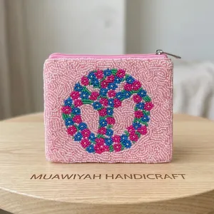 Porte-monnaie sur mesure, motif floral rose, broderie de perles, mini sac fait main avec couleur personnalisée pour femmes et filles. - Product Image 2