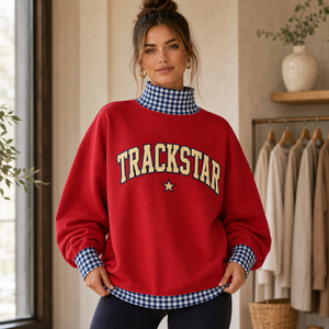 <b>Red</b> Women's Mock Neck Sweatshirt Navy <b>Gingham</b> Trim Cream Varsity Applique Embroidered Border Trackstar Custom OEM Pullover - Product Image 1