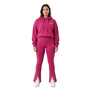 Conjunto de 2 piezas para mujer con logo personalizado: Sudadera con capucha corta y pantalones acampanados de chándal con dobladillo dividido, de forro polar, para gimnasio y descanso. - Product Image 1