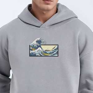 Sweat-shirt à capuche gris pour homme avec imprimé Grande Vague en coton French Terry, décontracté pour l'automne - Product Image 3
