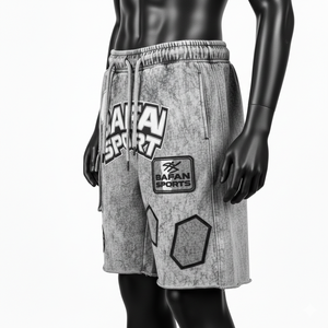 กางเกงขาสั้นผู้ชายผ้าฝ้ายฟลีซพรีเมียม 340 GSM สีเทา ล้างสีแบบแอซิดวอช แต่งแพทช์ปักลายโลโก้ - Product Image 4