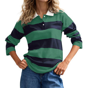 Polo rayé à manches longues pour femme, vert marine, en coton, décontracté, manches trois quarts, coupe classique - Product Image 1