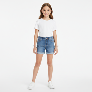 Shorts en jean pour filles à marque privée, logo personnalisé, taille haute, délavage moyen, ourlet roulé, vente en gros par le fabricant - Product Image 1