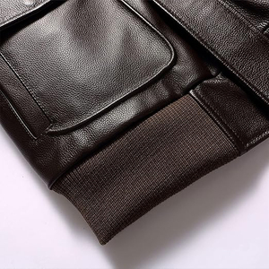 Blouson aviateur en cuir véritable pour homme, col rabattable, fermeture éclair, doublure en fausse fourrure, coupe-vent, vêtement d'hiver, manches classiques - Product Image 3
