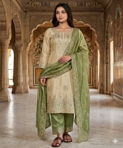 Conjunto Moderno de Top y Pantalón Palazzo con Bordado de Seda y Lentejuelas, con Dupatta, Ropa Étnica para Mujer, Vestido para Bodas y Fiestas 82502 JF-039 - Product Image 1