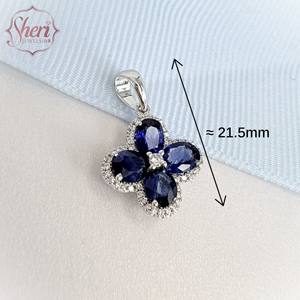 Pendentif en or blanc massif 18 carats pour femme de Sheri Jewels, style trèfle porte-bonheur, forme ovale, saphir bleu naturel et diamant - Product Image 2