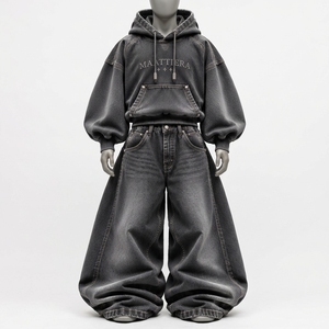 <b>Womens</b> Oversized Gray Denim Hoodie Tracksuit Set <b>Baggy</b> Wide Leg <b>Jeans</b> Streetwear Custom Fashion Clothing Manufacturer - Product Image 4