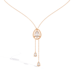 10K 14K 18K Rose Gold Lariat Necklace Featuring a Teardrop Halo <b>Frame</b> and Shimmering Pear Cut Lab Grown Diamond Dangle Charms - Product Image 3