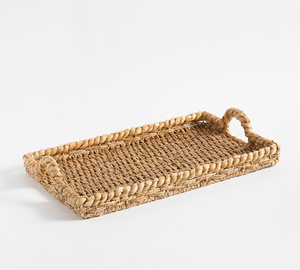 Plateau de service rectangulaire minimaliste en jacinthe tressée à la main avec poignées, plateau en osier naturel durable pour le petit-déjeuner et la table basse - Product Image 4