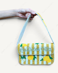 Handcrafted Beaded Lemon Shoulder Bag Blue <b>Yellow</b> Fruit Motif Lemonade Design Women's Evening <b>Handbag</b> Wholesale OEM Supplier - Product Image 2