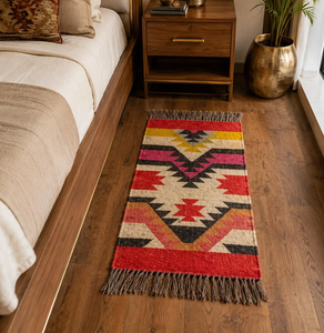 Southwestern Red Yellow Wool Jute <b>Runner</b> <b>Rug</b> Geometric Tribal Boho Kilim Handwoven Indian Hallway Entryway Floor Carpet - Product Image 1