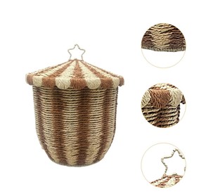Handwoven Paper Material Kids Toy Storage <b>Basket</b> <b>with</b> <b>Lid</b> Striped Natural Woven Laundry Hamper, Nursery Storage Bin from Vietnam - Product Image 3