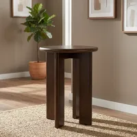Table d'appoint ronde en bois moderne, design minimaliste, finition foncée, base à quatre pieds, meubles de salon