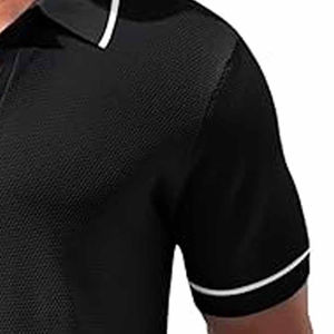 Camiseta de Manga Corta para Hombre, Color Sólido, Tejida, 100% Algodón, Corte Regular, Informal, Negra, Transpirable, con Botones, para Invierno - Product Image 3
